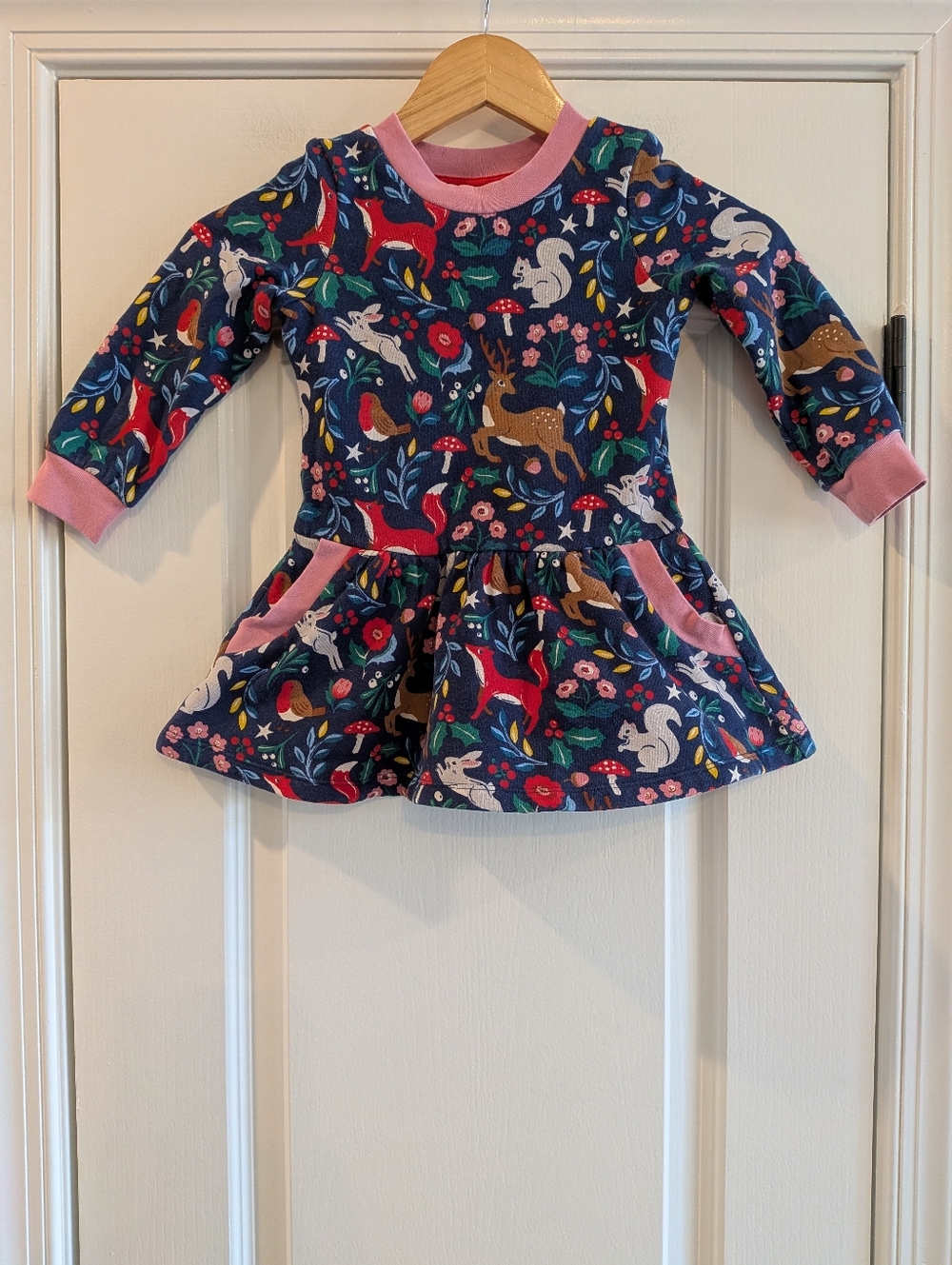 Mini Boden Woodland Animals Sweatshirt Dress Toddler Size 3T Whimsical Dopamine